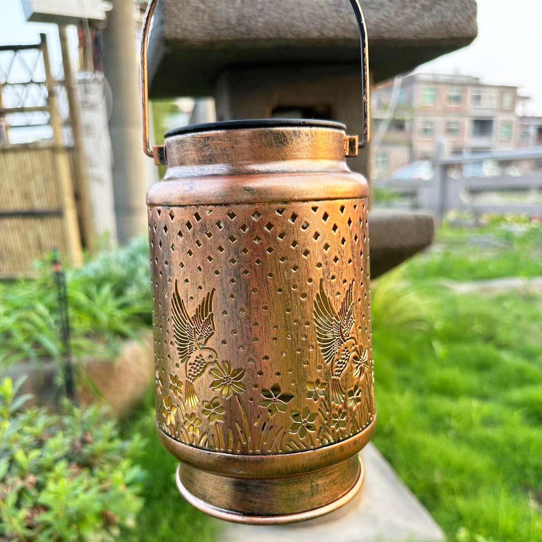 Contemporary Retro Solar Waterproof Iron Portable Hollowed Lantern Bird Flower LED Outdoor Light Landscape Lighting For Garden