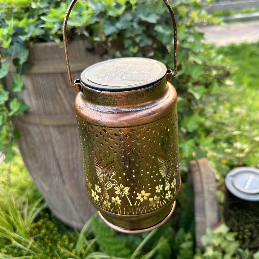 Contemporary Retro Solar Waterproof Iron Portable Hollowed Lantern Bird Flower LED Outdoor Light Landscape Lighting For Garden