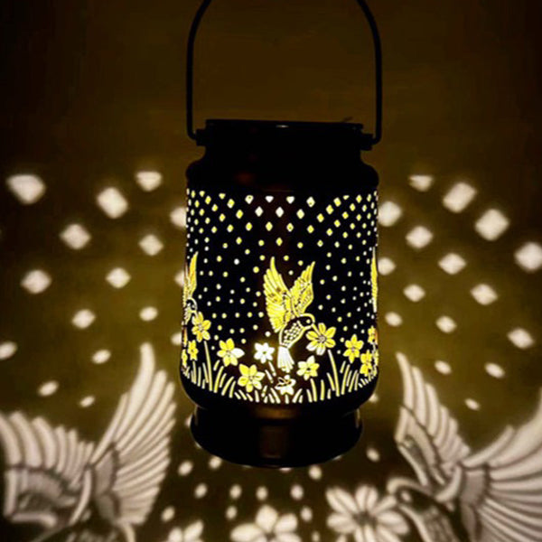 Contemporary Retro Solar Waterproof Iron Portable Hollowed Lantern Bird Flower LED Outdoor Light Landscape Lighting For Garden