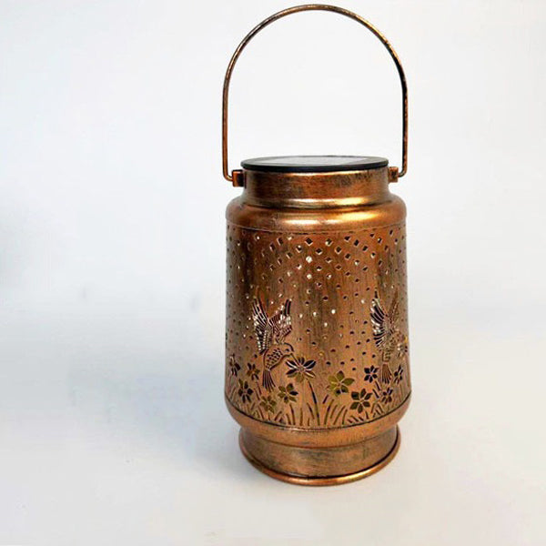 Contemporary Retro Solar Waterproof Iron Portable Hollowed Lantern Bird Flower LED Outdoor Light Landscape Lighting For Garden