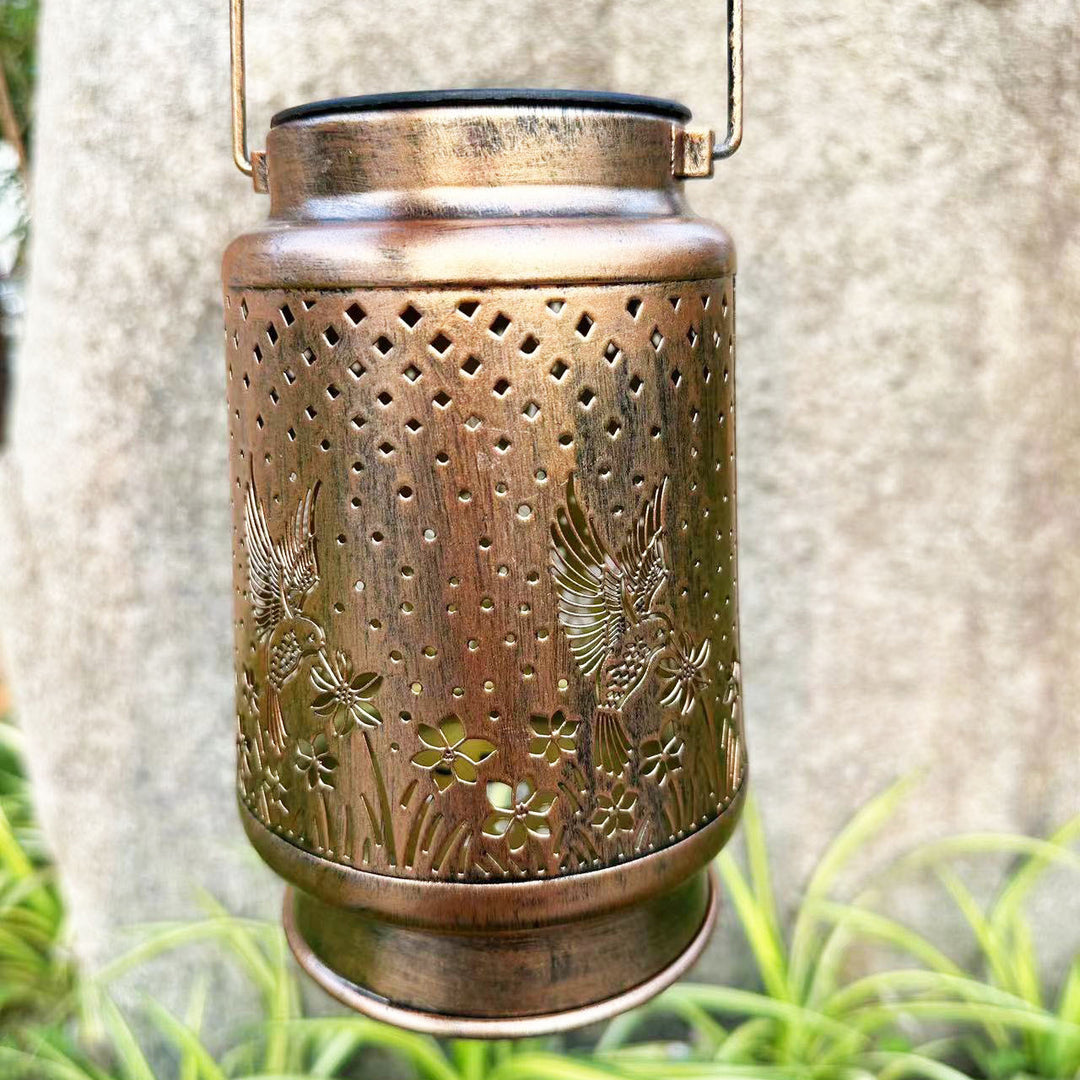 Contemporary Retro Solar Waterproof Iron Portable Hollowed Lantern Bird Flower LED Outdoor Light Landscape Lighting For Garden