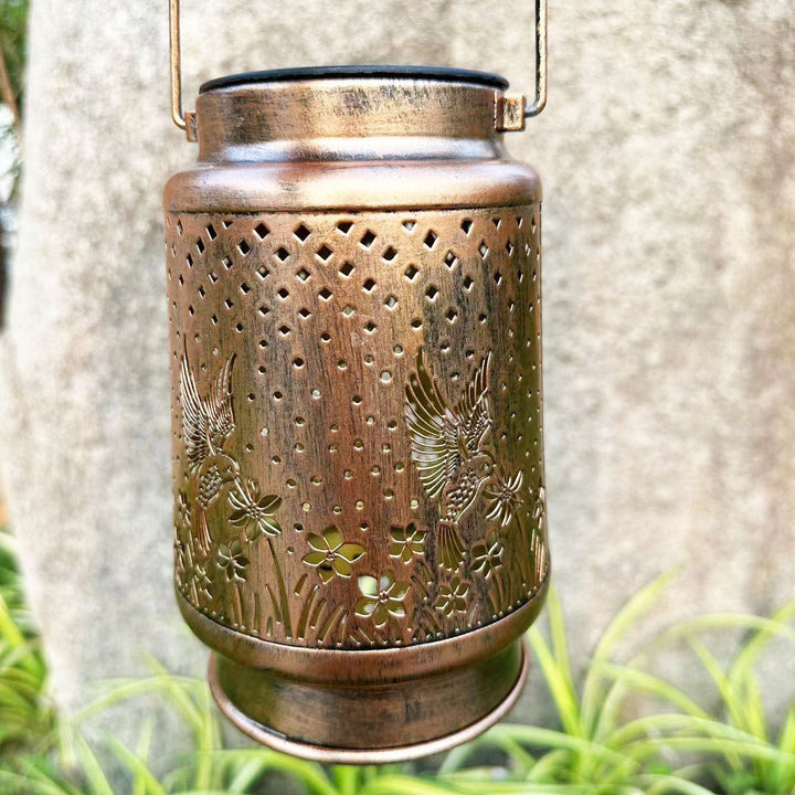 Contemporary Retro Solar Waterproof Iron Portable Hollowed Lantern Bird Flower LED Outdoor Light Landscape Lighting For Garden