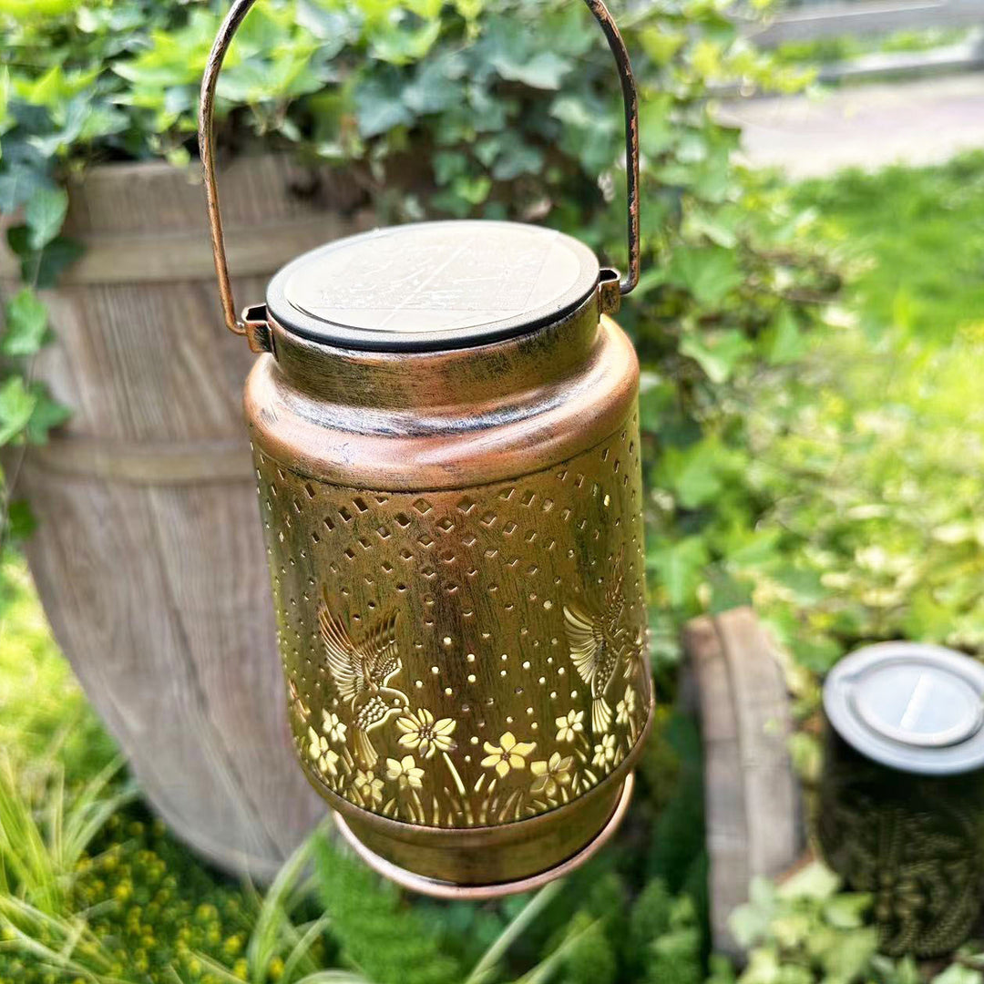 Contemporary Retro Solar Waterproof Iron Portable Hollowed Lantern Bird Flower LED Outdoor Light Landscape Lighting For Garden