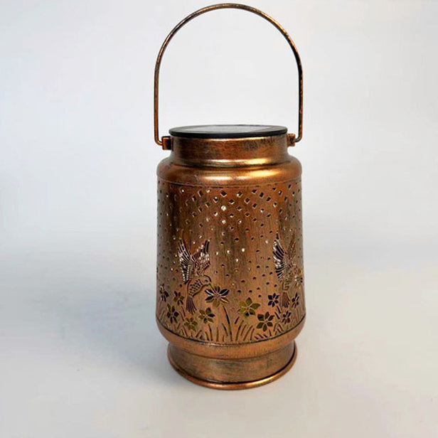 Contemporary Retro Solar Waterproof Iron Portable Hollowed Lantern Bird Flower LED Outdoor Light Landscape Lighting For Garden