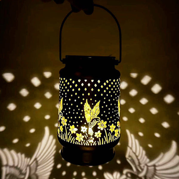 Contemporary Retro Solar Waterproof Iron Portable Hollowed Lantern Bird Flower LED Outdoor Light Landscape Lighting For Garden