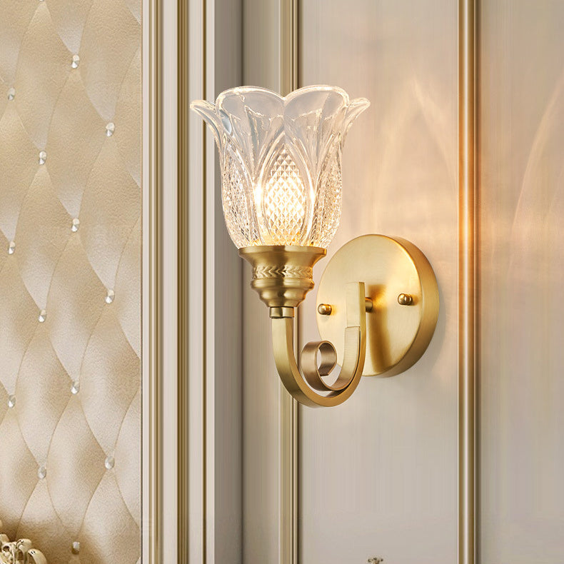 Lámpara de Aplique de Pared de Vidrio de Cobre Tradicional Europeo con Relieve Floral 1/2 Luz para Pasillo 