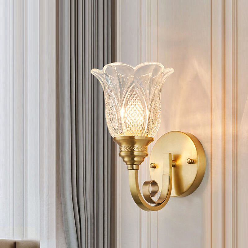 Lámpara de Aplique de Pared de Vidrio de Cobre Tradicional Europeo con Relieve Floral 1/2 Luz para Pasillo 