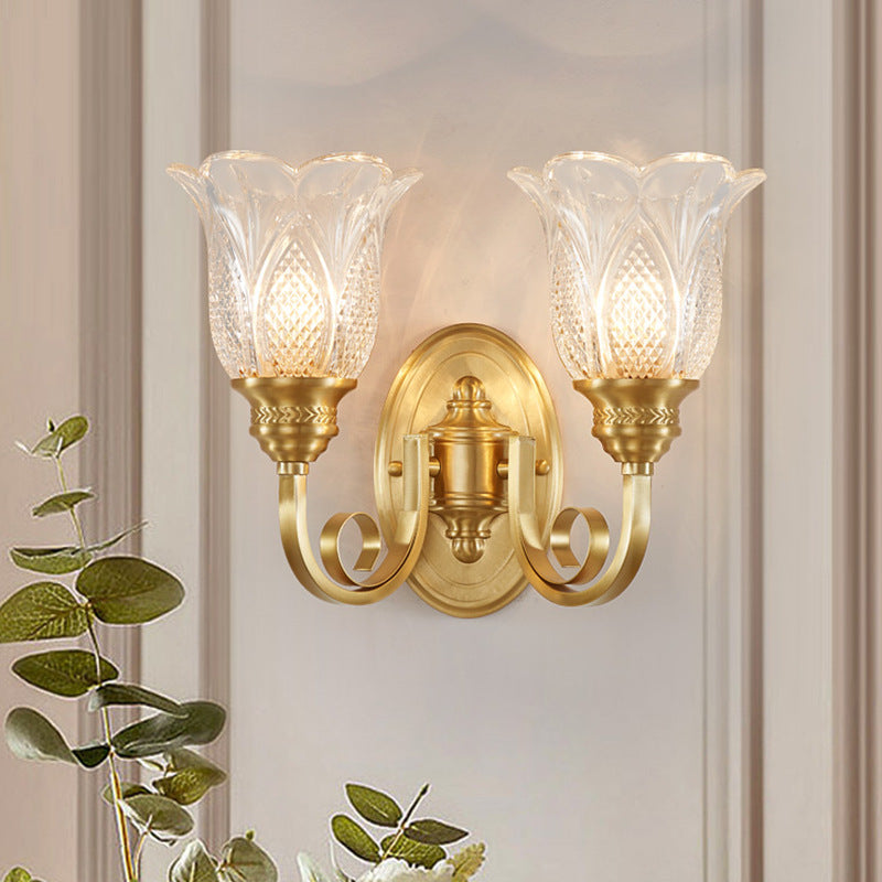 Lámpara de Aplique de Pared de Vidrio de Cobre Tradicional Europeo con Relieve Floral 1/2 Luz para Pasillo 