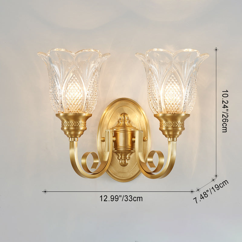 Lámpara de Aplique de Pared de Vidrio de Cobre Tradicional Europeo con Relieve Floral 1/2 Luz para Pasillo 