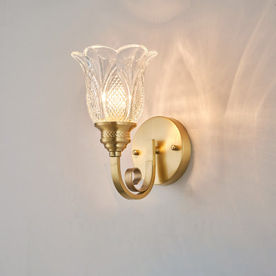 Lámpara de Aplique de Pared de Vidrio de Cobre Tradicional Europeo con Relieve Floral 1/2 Luz para Pasillo 