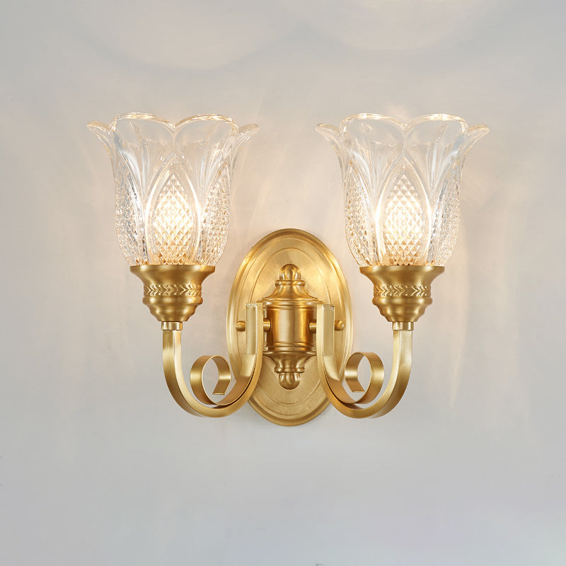 Lámpara de Aplique de Pared de Vidrio de Cobre Tradicional Europeo con Relieve Floral 1/2 Luz para Pasillo 