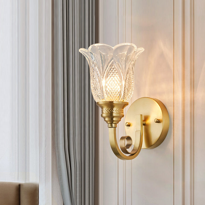 Traditional European Copper Glass Embossed Floral 1/2 Light Wall Sconce Lamp For Hallway