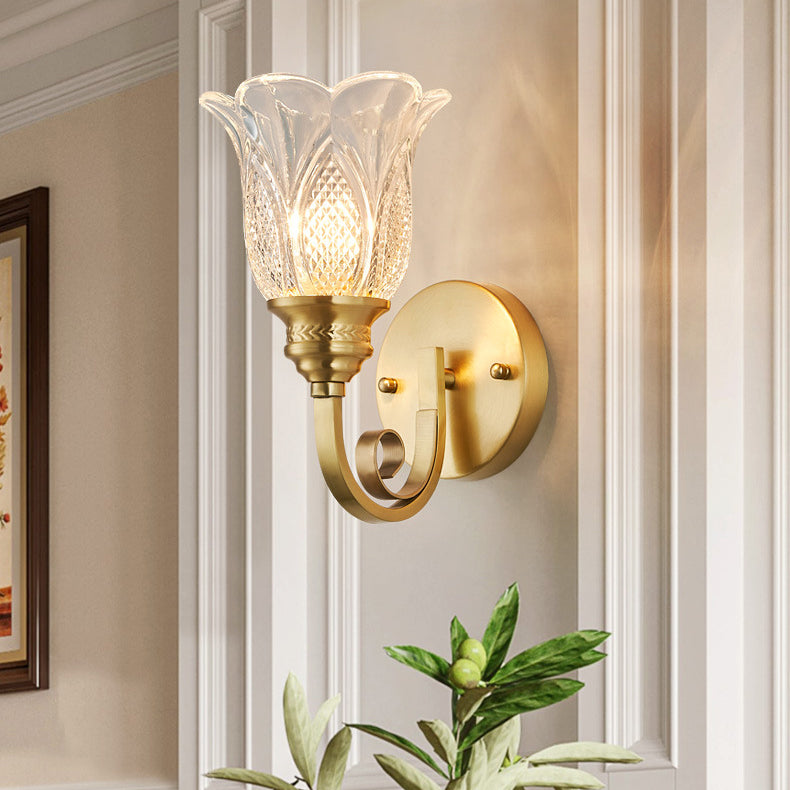 Lámpara de Aplique de Pared de Vidrio de Cobre Tradicional Europeo con Relieve Floral 1/2 Luz para Pasillo 