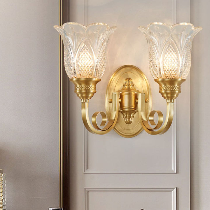 Traditional European Copper Glass Embossed Floral 1/2 Light Wall Sconce Lamp For Hallway