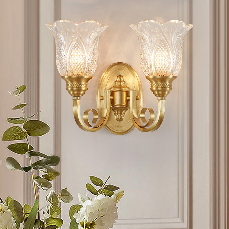 Lámpara de Aplique de Pared de Vidrio de Cobre Tradicional Europeo con Relieve Floral 1/2 Luz para Pasillo 