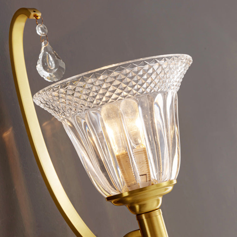 Traditional French Copper Glass Crystal Bell Embossed 1-Light Wall Sconce Lamp For Bedside