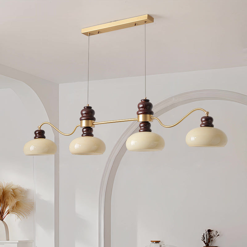 Traditional French Copper Glass Ash Wood Round 3/4 Light Chandeliers For Dining Room