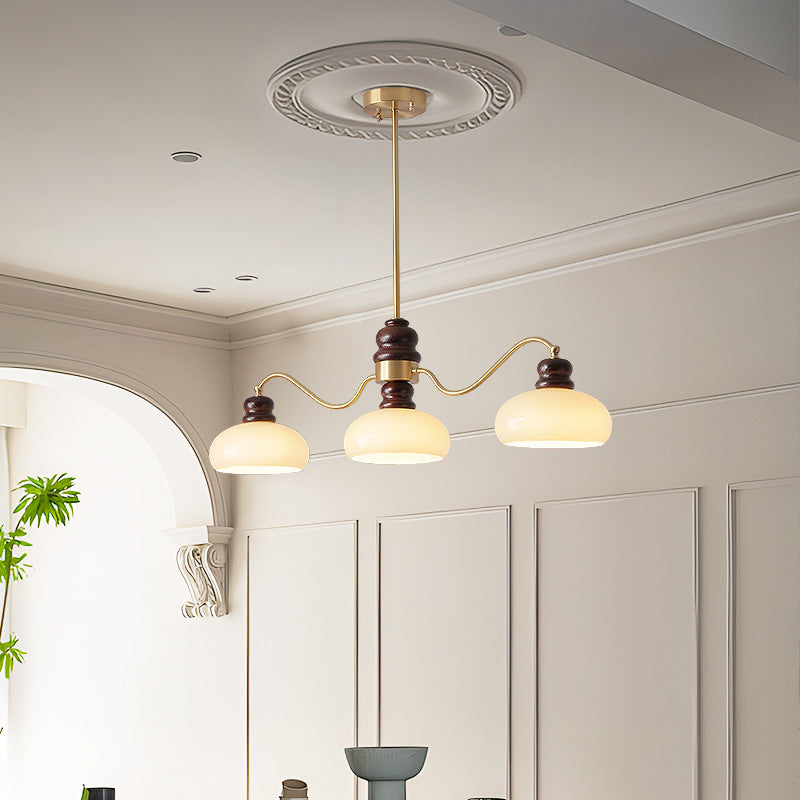 Traditional French Copper Glass Ash Wood Round 3/4 Light Chandeliers For Dining Room