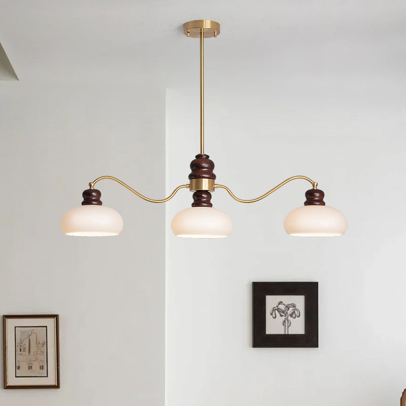 Traditional French Copper Glass Ash Wood Round 3/4 Light Chandeliers For Dining Room