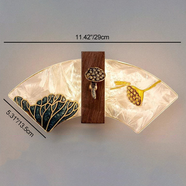 Applique murale LED en noyer chinois traditionnel, cuivre, acrylique, émaillage à la main en forme de coquille, peinture lotus, feuille de bambou pour chevet 