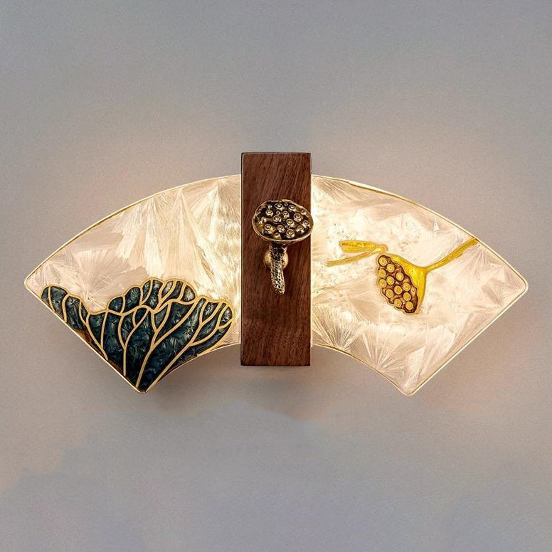 Applique murale LED en noyer chinois traditionnel, cuivre, acrylique, émaillage à la main en forme de coquille, peinture lotus, feuille de bambou pour chevet 