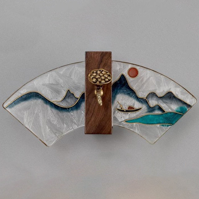 Traditional Chinese Walnut Copper Acrylic Scalloped Hand Enameling Painting Lotus Bamboo Leaf LED Wall Sconce Lamp For Bedside