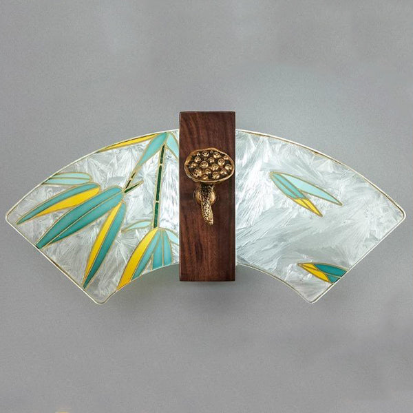 Applique murale LED en noyer chinois traditionnel, cuivre, acrylique, émaillage à la main en forme de coquille, peinture lotus, feuille de bambou pour chevet 