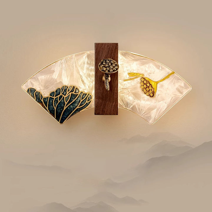 Applique murale LED en noyer chinois traditionnel, cuivre, acrylique, émaillage à la main en forme de coquille, peinture lotus, feuille de bambou pour chevet 