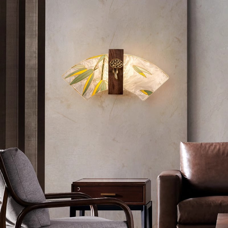 Traditional Chinese Walnut Copper Acrylic Scalloped Hand Enameling Painting Lotus Bamboo Leaf LED Wall Sconce Lamp For Bedside
