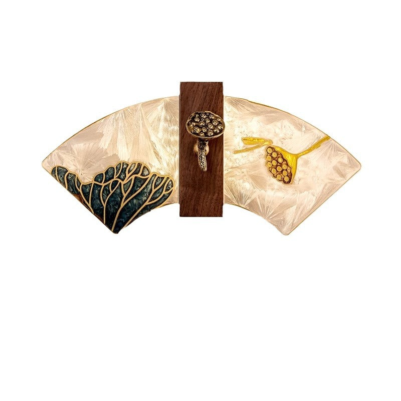 Applique murale LED en noyer chinois traditionnel, cuivre, acrylique, émaillage à la main en forme de coquille, peinture lotus, feuille de bambou pour chevet 