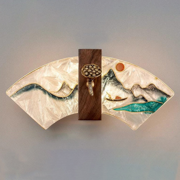 Traditional Chinese Walnut Copper Acrylic Scalloped Hand Enameling Painting Lotus Bamboo Leaf LED Wall Sconce Lamp For Bedside
