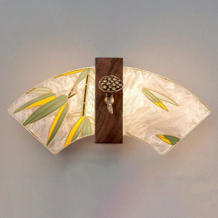 Traditional Chinese Walnut Copper Acrylic Scalloped Hand Enameling Painting Lotus Bamboo Leaf LED Wall Sconce Lamp For Bedside