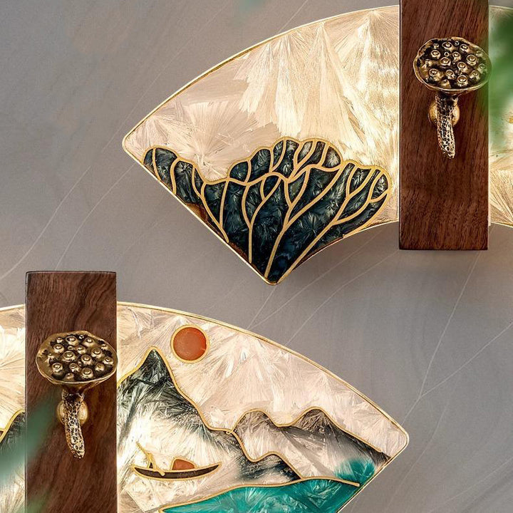 Applique murale LED en noyer chinois traditionnel, cuivre, acrylique, émaillage à la main en forme de coquille, peinture lotus, feuille de bambou pour chevet 