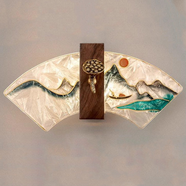 Applique murale LED en noyer chinois traditionnel, cuivre, acrylique, émaillage à la main en forme de coquille, peinture lotus, feuille de bambou pour chevet 