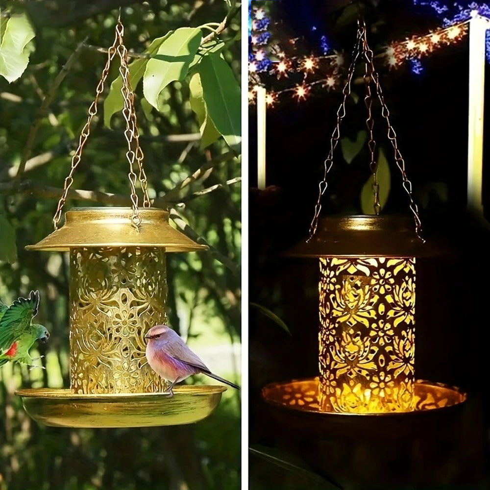 Contemporary Retro Solar Waterproof Iron Bird Feeder Hanging Hollowed Lantern LED Outdoor Light Landscape Lighting For Garden