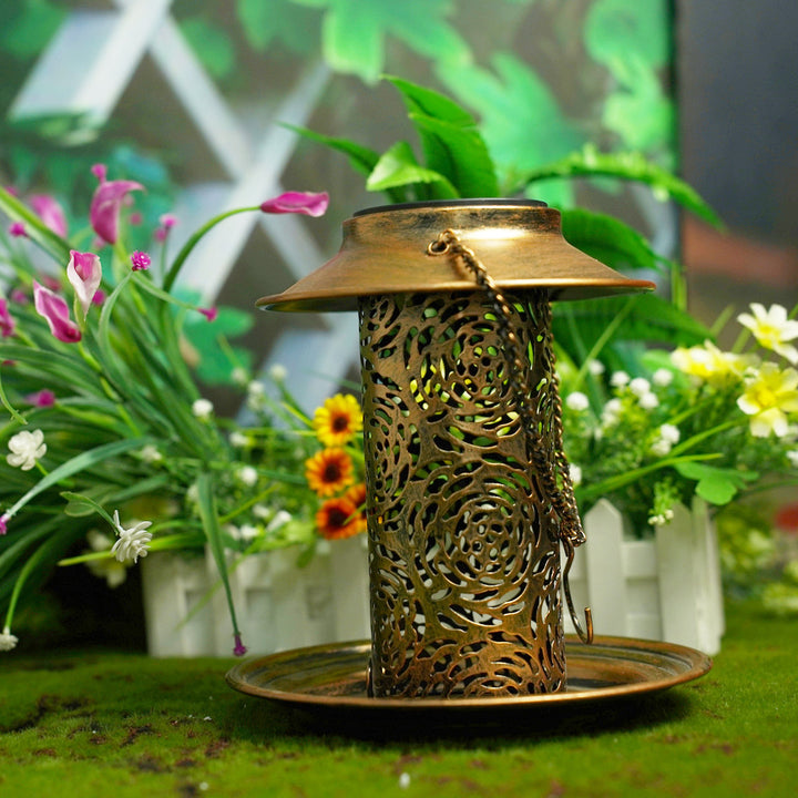 Contemporary Retro Solar Waterproof Iron Bird Feeder Hanging Hollowed Lantern LED Outdoor Light Landscape Lighting For Garden