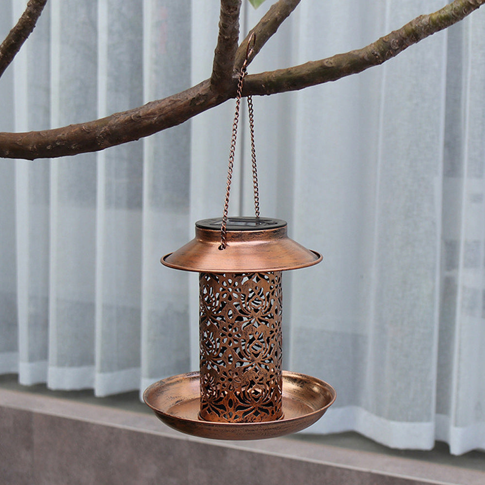 Contemporary Retro Solar Waterproof Iron Bird Feeder Hanging Hollowed Lantern LED Outdoor Light Landscape Lighting For Garden