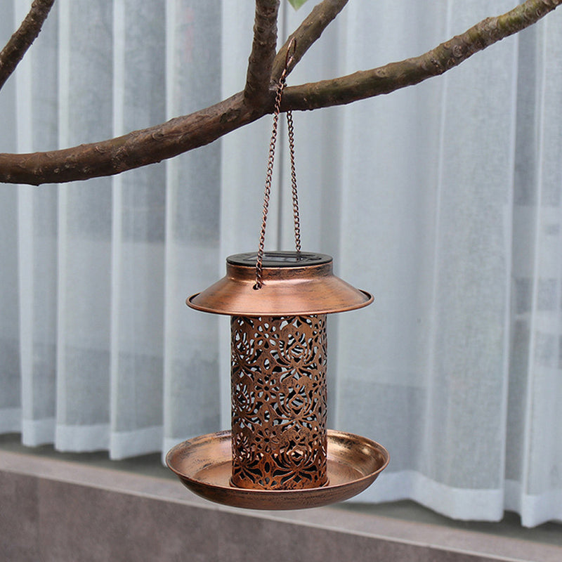 Contemporary Retro Solar Waterproof Iron Bird Feeder Hanging Hollowed Lantern LED Outdoor Light Landscape Lighting For Garden