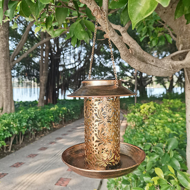 Contemporary Retro Solar Waterproof Iron Bird Feeder Hanging Hollowed Lantern LED Outdoor Light Landscape Lighting For Garden