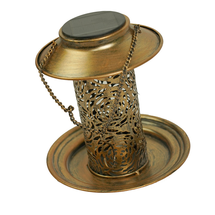 Contemporary Retro Solar Waterproof Iron Bird Feeder Hanging Hollowed Lantern LED Outdoor Light Landscape Lighting For Garden