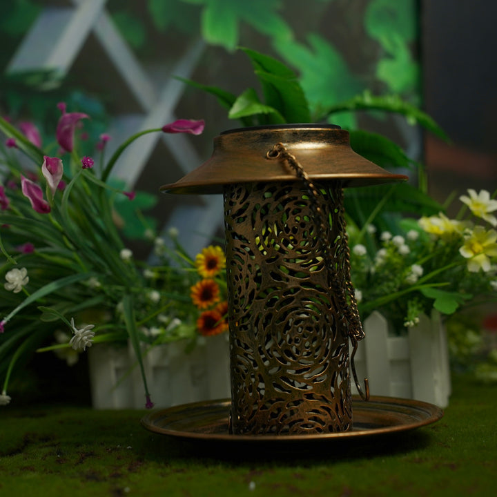 Contemporary Retro Solar Waterproof Iron Bird Feeder Hanging Hollowed Lantern LED Outdoor Light Landscape Lighting For Garden