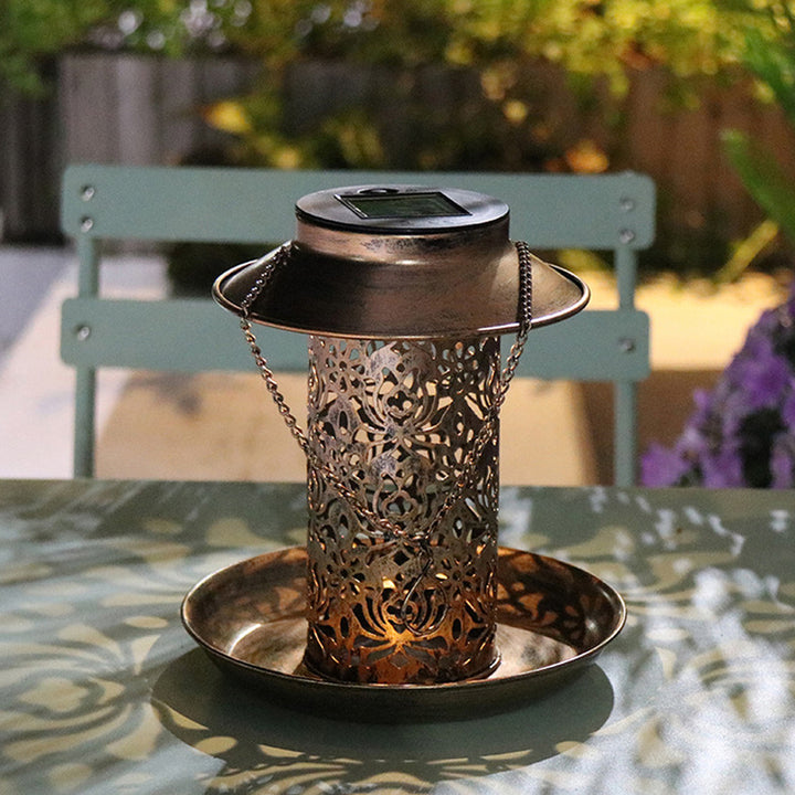 Contemporary Retro Solar Waterproof Iron Bird Feeder Hanging Hollowed Lantern LED Outdoor Light Landscape Lighting For Garden