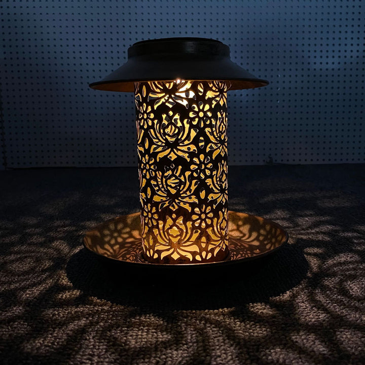 Contemporary Retro Solar Waterproof Iron Bird Feeder Hanging Hollowed Lantern LED Outdoor Light Landscape Lighting For Garden