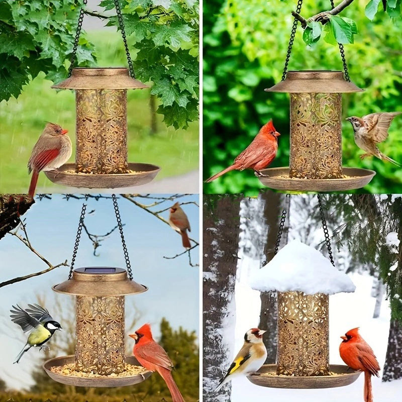 Contemporary Retro Solar Waterproof Iron Bird Feeder Hanging Hollowed Lantern LED Outdoor Light Landscape Lighting For Garden