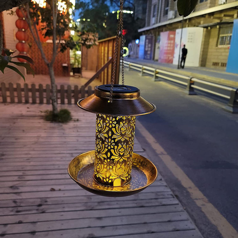 Contemporary Retro Solar Waterproof Iron Bird Feeder Hanging Hollowed Lantern LED Outdoor Light Landscape Lighting For Garden