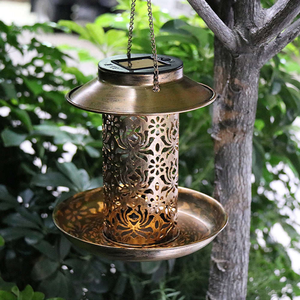 Contemporary Retro Solar Waterproof Iron Bird Feeder Hanging Hollowed Lantern LED Outdoor Light Landscape Lighting For Garden