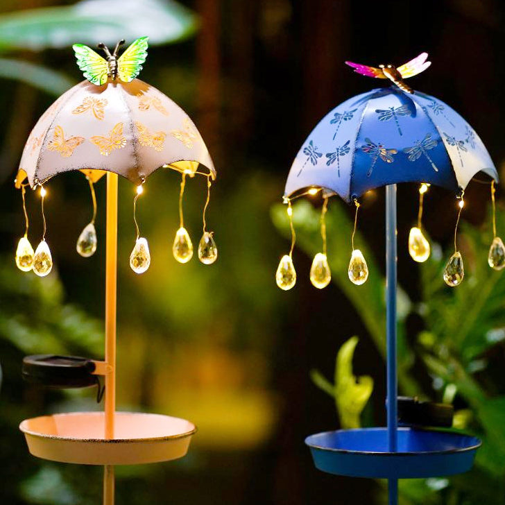 Contemporary Creative Solar Waterproof Iron Umbrella Raindrop Dynamic Bird Feeder LED Outdoor Light Landscape Lighting For Garden