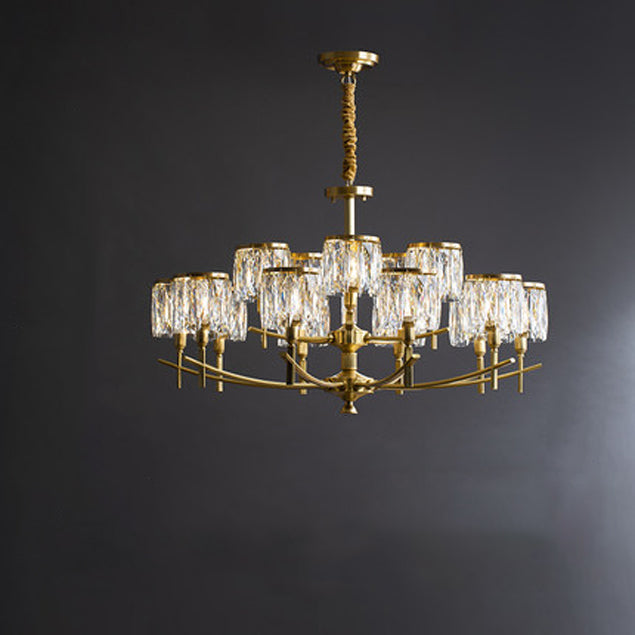 Modern Luxury Brass Crystal Cylinder 6/8/10/15/24 Light Chandeliers For Living Room
