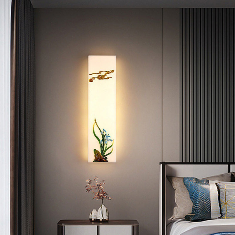 Traditional Chinese Resin Imitation Marble Zinc Alloy Enamel Rectangular Bamboo Flower Pine Tree LED Wall Sconce Lamp For Bedside