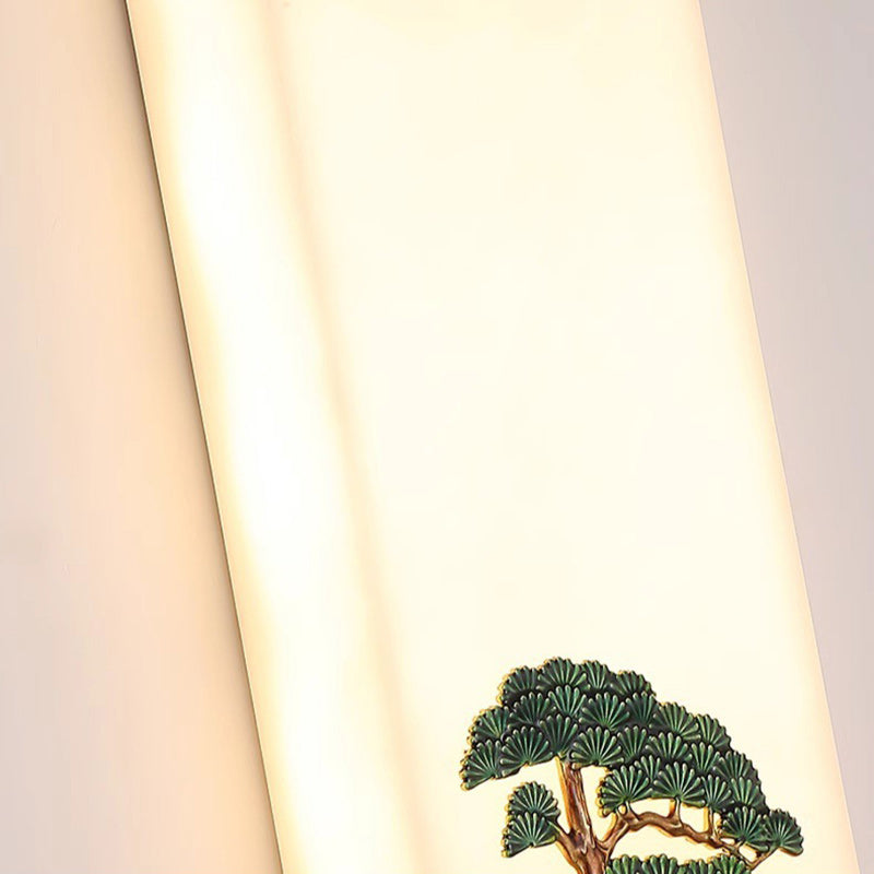 Traditional Chinese Resin Imitation Marble Zinc Alloy Enamel Rectangular Bamboo Flower Pine Tree LED Wall Sconce Lamp For Bedside